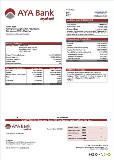 Modèle Word et PDF de relevé hypothécaire de la Myanmar AYA Bank